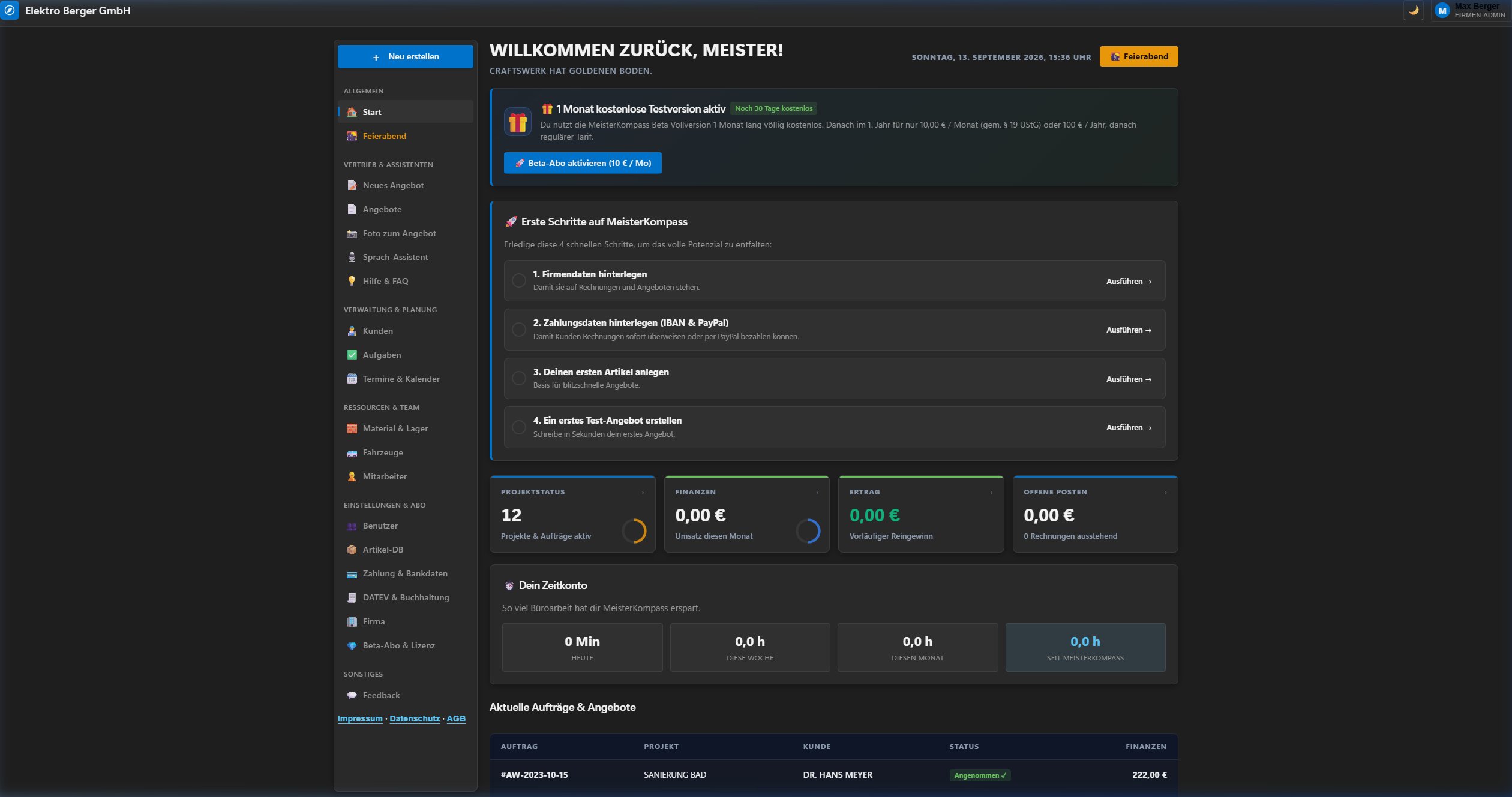 MeisterKompass Betriebs-Software Live-Ansicht