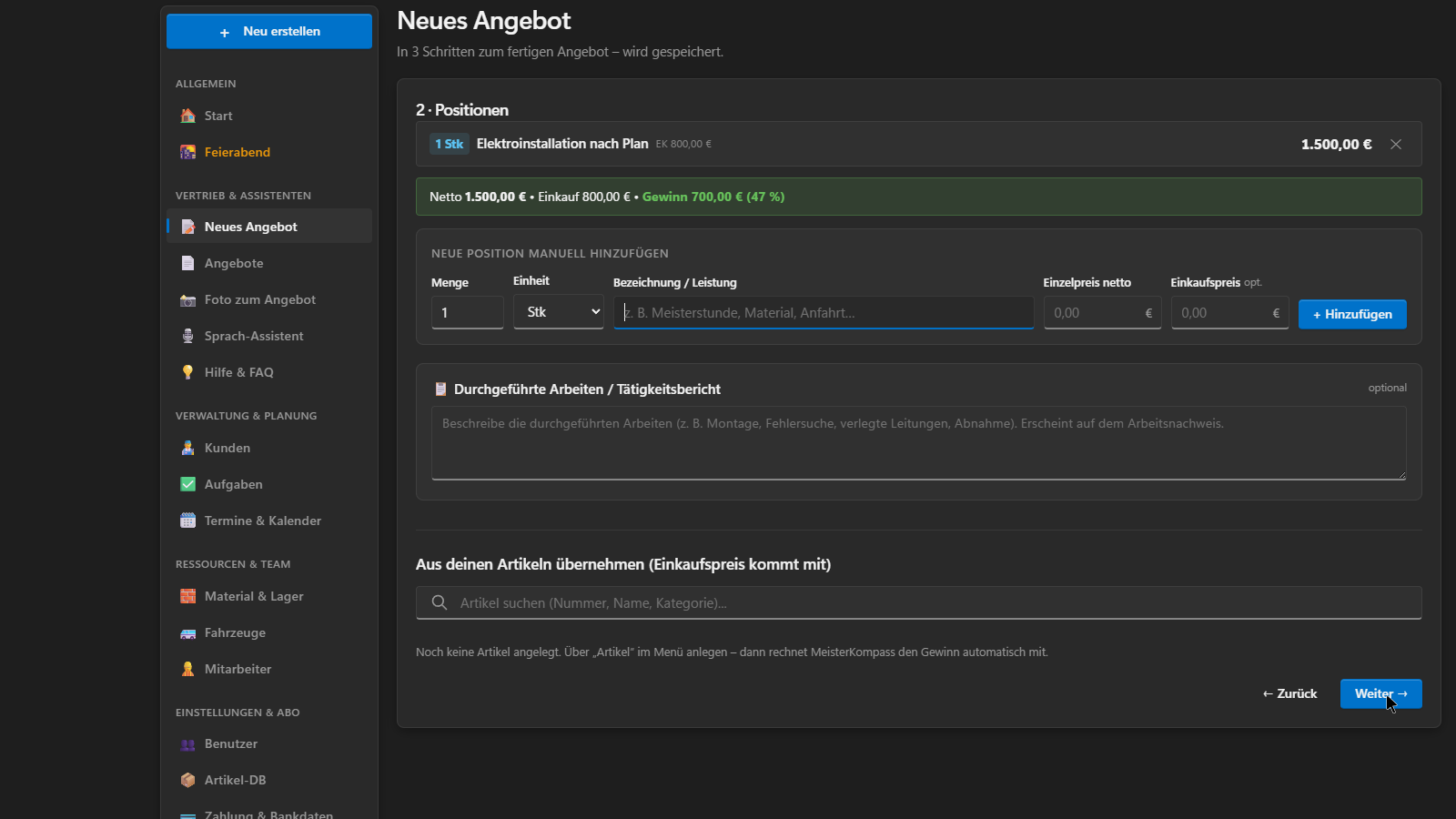Echter Screenshot: Arbeitsnachweis mit Tätigkeitsbericht und Positionen